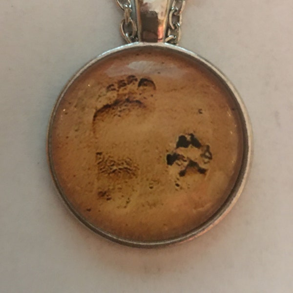 Footprints in the Sand Pendant Necklace, Human Footprint and Paw prints in the Sand ,Dog/Cat , Glass Silver Pendant Necklace Jewelry