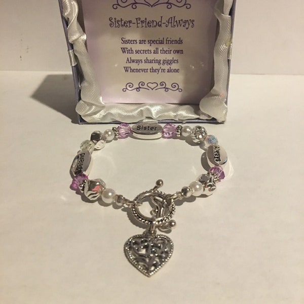 Sister-Friend-Always Beaded Bracelet,  Purple  Rondelle Crystals, Round Silver Beads, White Pearls , Beaded Heart Charm Bracelet