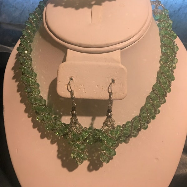 Green Swarovski Woven Crystal Rope jewelry Set , Beaded Green Apple Chunky Necklace Bracelet and Earrings Set , Bridal Jewelry