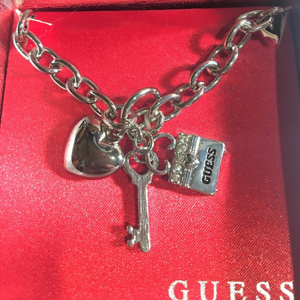 Authentic Guess Charm Necklace , Guess Pocketbook , Bag Charm, Heart Charm , Key Charm , Silver , New in Box