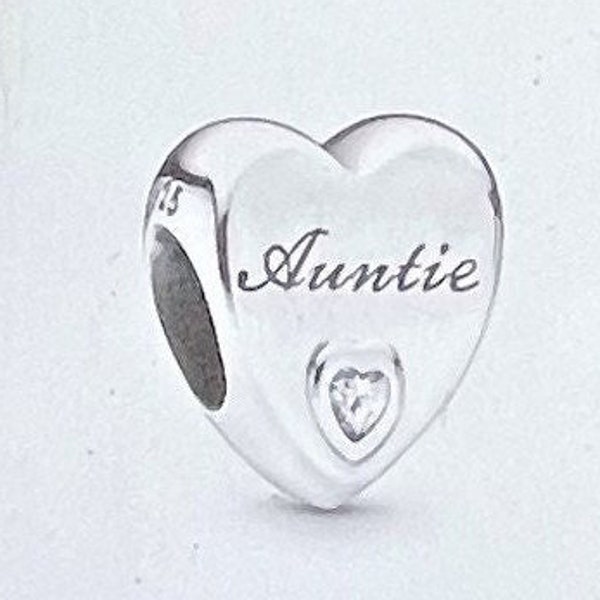 Auntie Charm fits Pandora Bracelet , Aunt Charm , Auntie CZ Heart Charm , CZ Heart Charm , 925 Sterling Silver