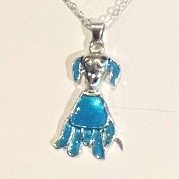 Faux Blue Fire Opal Puppy Dog Pendant Necklace , Faux Blue Fire Opal Labrador Pendant , with 17 " plus ext , Silver  , Animal Necklace