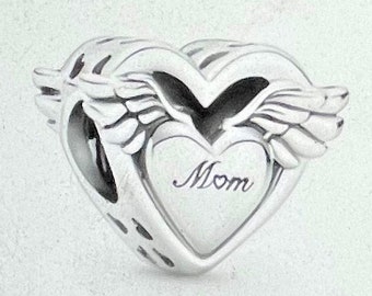 Mom My Angel Heart Charm fits Pandora Bracelets , Angel Wings Mom Heart Charm , Angel Wings and Mom Heart Charm , In Memory of Mom , Silver