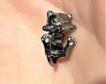 Black Cat Hugger Charm fits Pandora Bracelet , Green Eyed Black Gold Cat Charm , Cat Charm , Animal Charm , 925 Sterling Silver