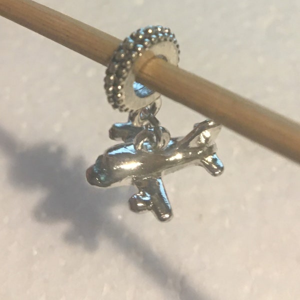 Airplane Dangle Charm fits Pandora Bracelet , Plane Dangle Charm , Propeller Airplane Charm , Travel , Transportation , Silver