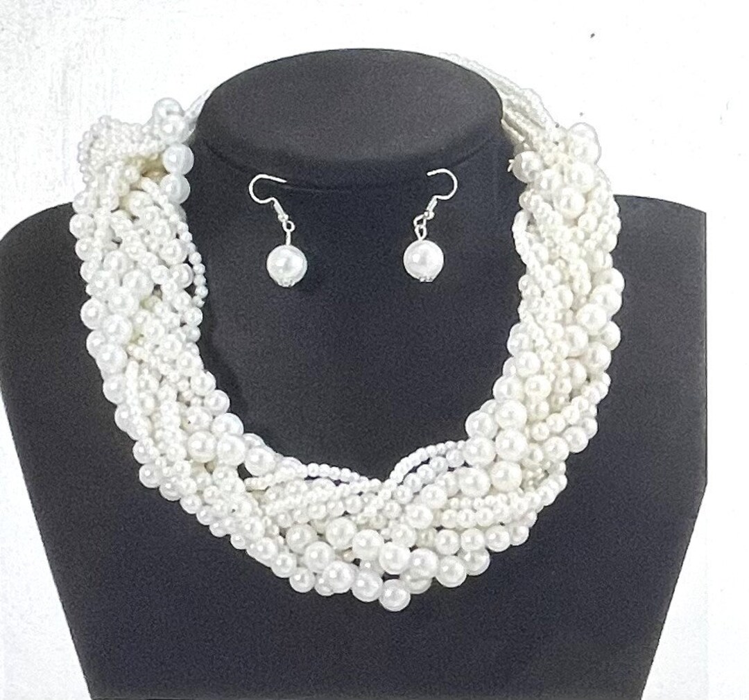 Wide Twisted Chunky Faux Pearl Necklace and Earrings Set ,multi Strand Pearl Necklace & Earrings