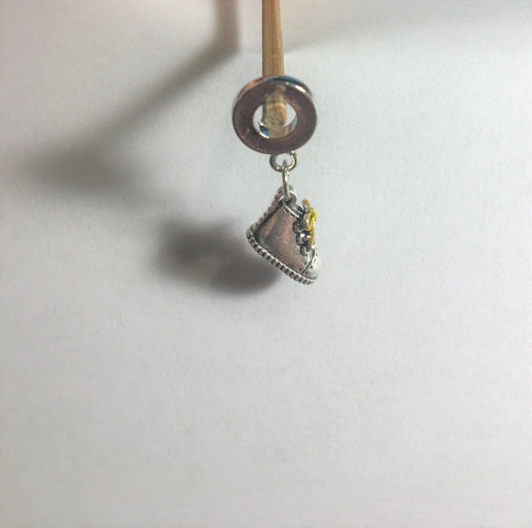 Baby Shoe Dangle Charm Fits Pandora Bracelets , Two Tone Silver and