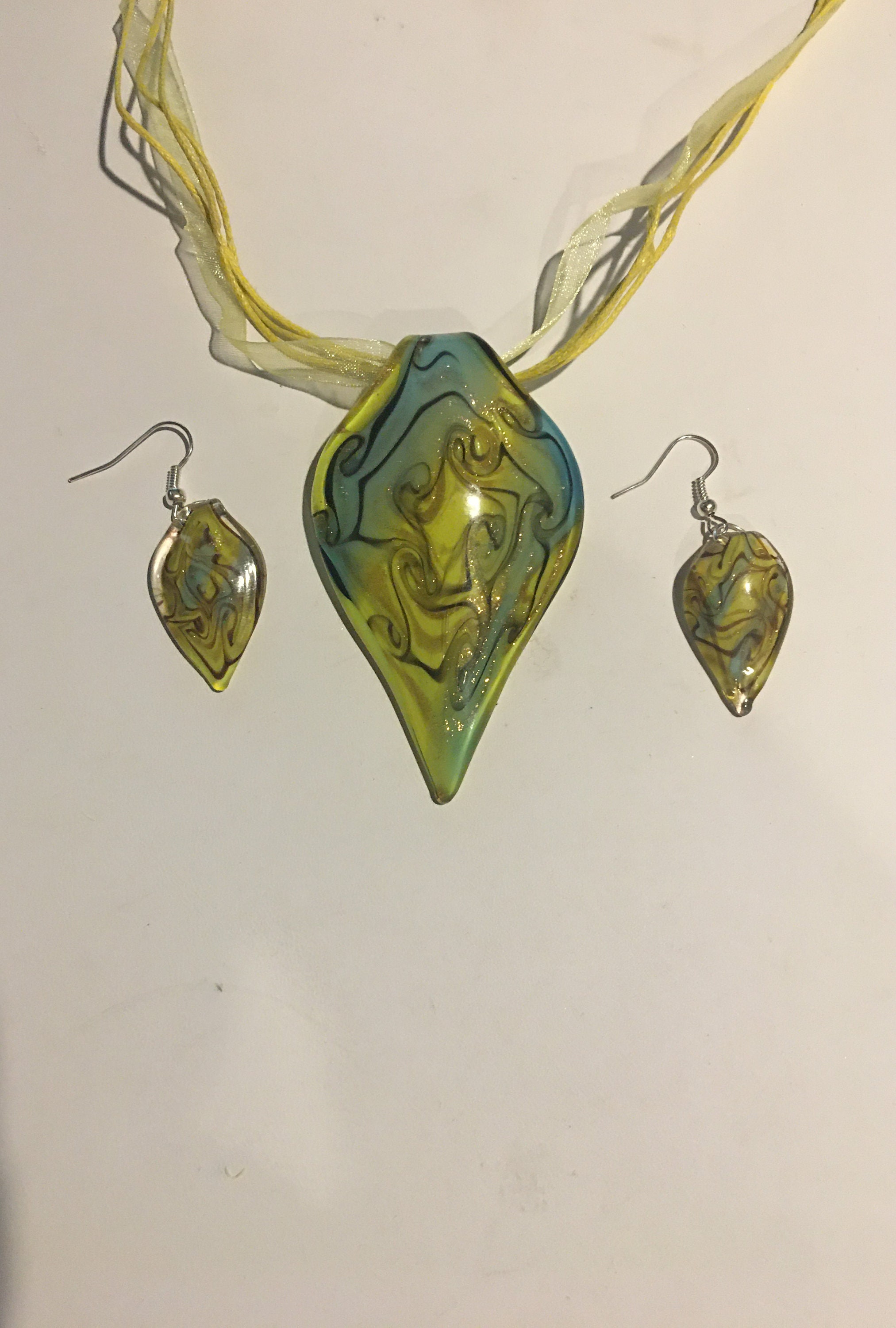 Murano Glass Pendant Ribbon Necklace and Earrings Set Pick Etsy