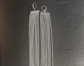 X Long Silver Ball Chain Tassel Earrings , Silver Chain Earrings , huggie  chain Earrings , Statement Earrings , 6 1/2 " long