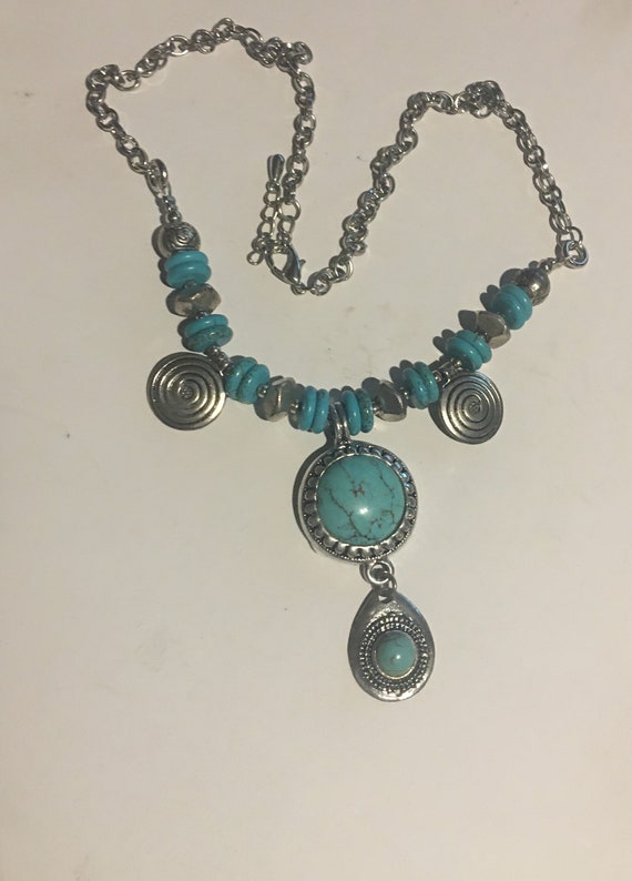 Turquoise Jewelry Chunky Turquoise Necklace Silver Charms Accents Rhodium Necklace