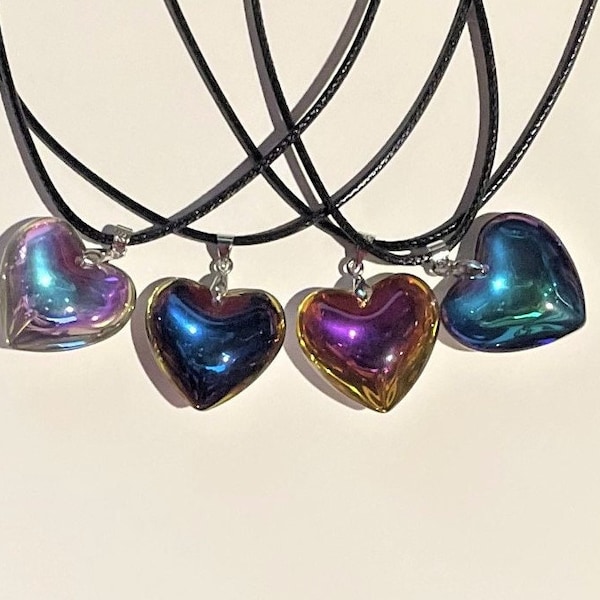 Rainbow Iridescent Puffed Crystal Heart Pendant Necklace , acrylic heart pendant , Cord Necklace , Different Colors