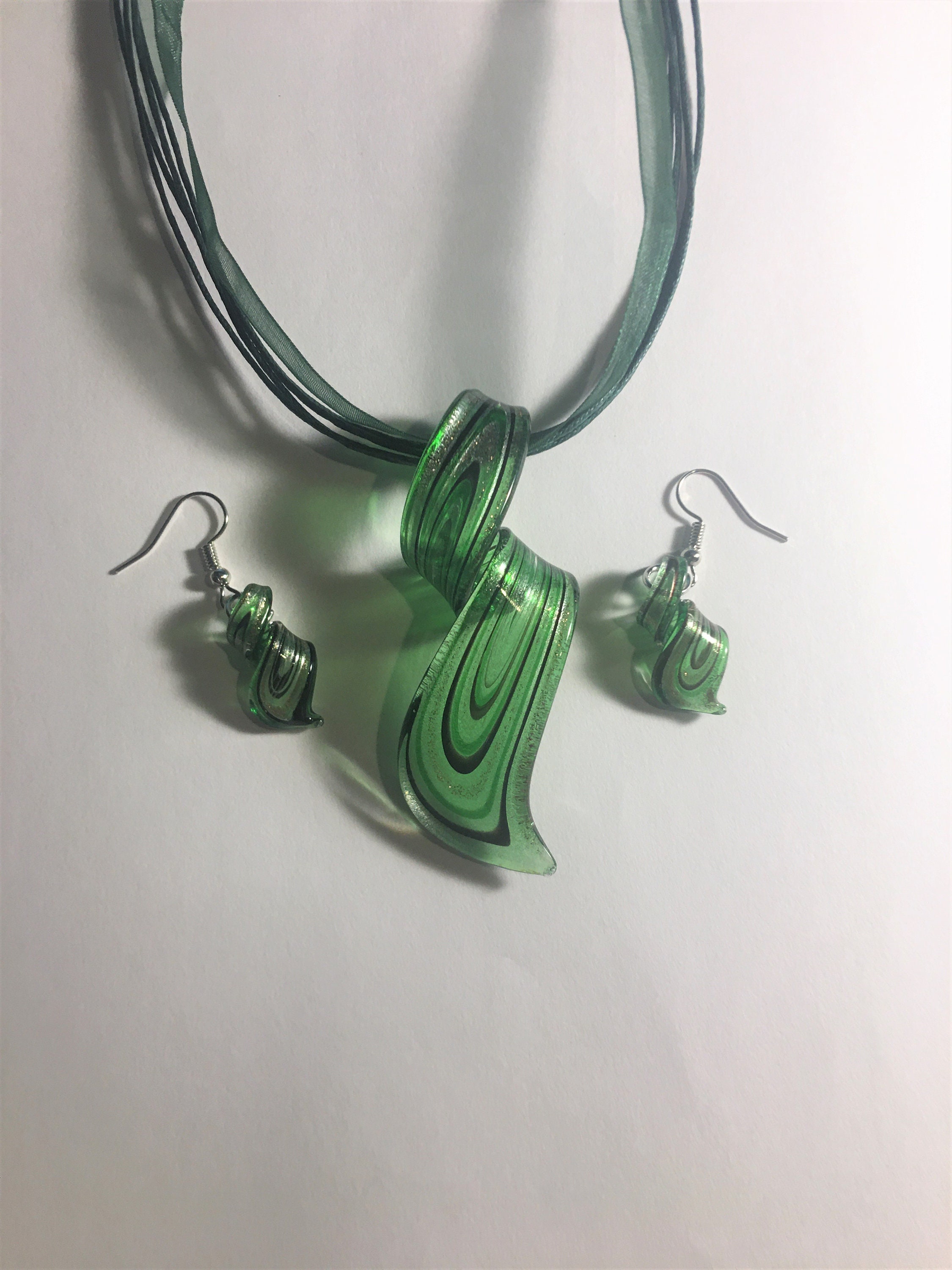 Murano Glass Ribbon Swirl Pendant Necklace and Earrings set Etsy