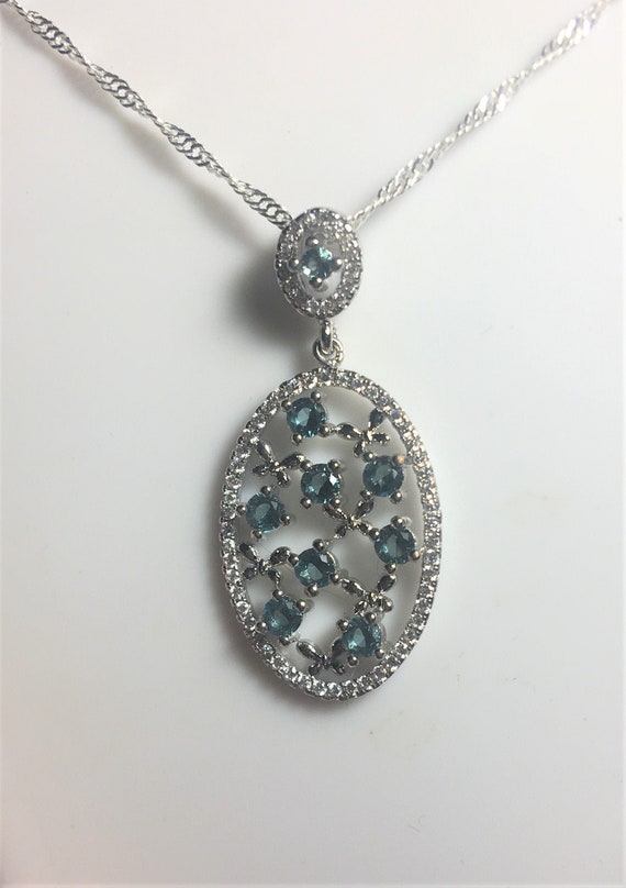 Blue Topaz  CZ Pendant Necklace , Blue Topaz Oval 