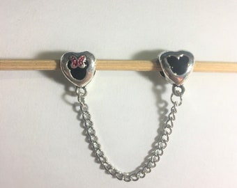 Mickey Mouse Minnie Mouse Hearts Safety Chain Charm Fits Pandora Bracelets Mickey and Minnie Charm Silver Etsy