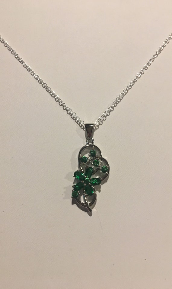Emerald CZ Pendant Necklace , Sterling Silver 18" 
