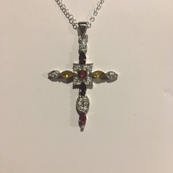 Multi Citrine Cross Necklace, Yellow Citrine Cross pendant Necklace, Purple Citrine, CZ  Cross Pendant, Sterling Silver Necklace 18"
