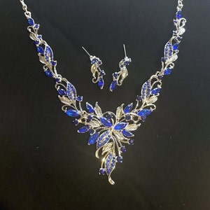 Dark Blue Rhinestone Bib Drop Jewelry set , Blue Rhinestone Metal Necklace & Drop Earrings Set , Silver , Bridal jewelry set