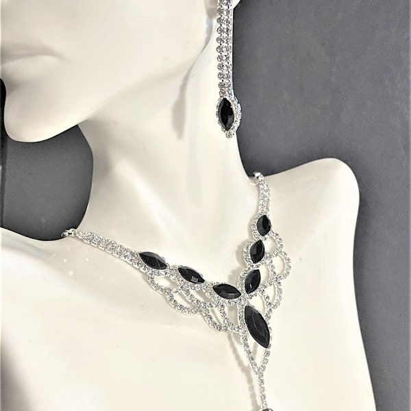 Black Crystal bib drop Rhinestone Jewelry set, Black Crystal Rhinestone Necklace & Earrings Set, Black Crystal Bridal jewelry