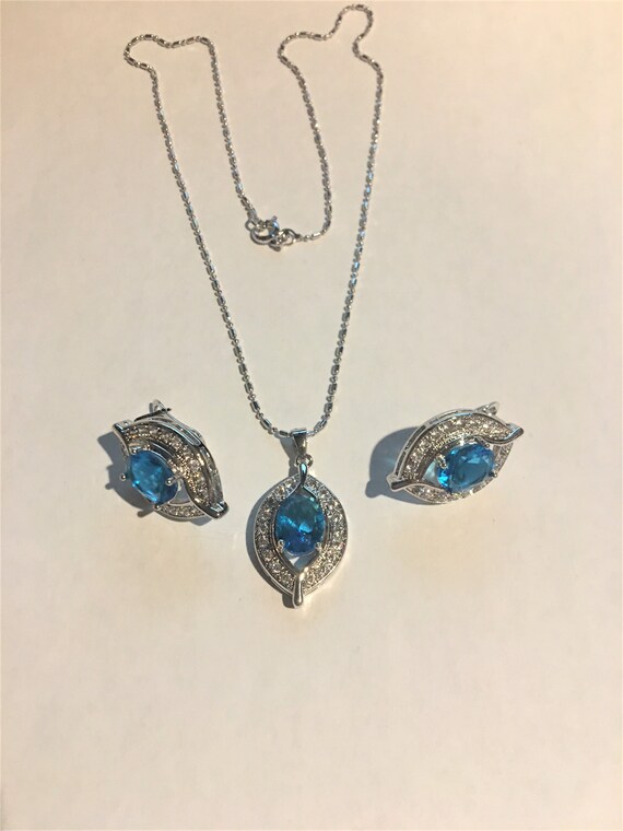Aqua Blue Austrian Crystal Oval  Pendant Necklace… - image 2