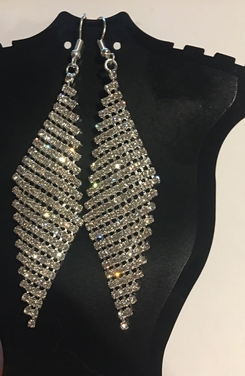 Swarovski Crystal Rhinestone Mesh Dangle Earrings , Mesh Statement Earrings , Bridesmaids Earrings , Silver Bild 7