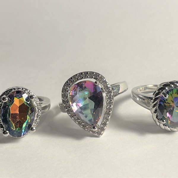 Mystic Rainbow Topaz Oval Ring , Mystic Rainbow Topaz Statement Ring , Cocktail Ring , Silver, choose