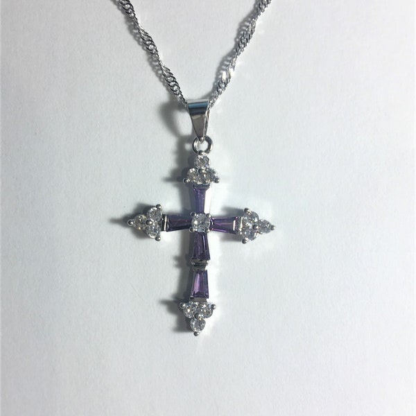 Purple Amethyst Cross Pendant Necklace,  Amethyst & CZ Cross Pendant Necklace , White Gold Plated