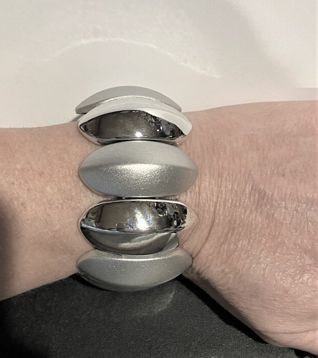 Chunky Lucite Stretch Bracelet, Silver Wide Stretch Bracelet