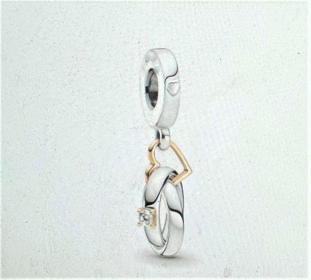 Twotone Wedding Rings Charm Fits Pandora Bracelet , Bride Charm , Wedding Rings Heart Charm