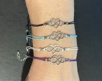 Dainty Infinity Heart Bracelet , Infinity Heart Waxed Cord Bracelet , Stackable bracelet , (Choice ) , Purple , Blue , Black , White