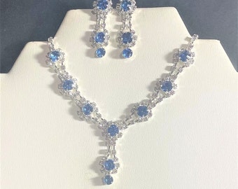Blue Crystal Rhinestone Bib Drop Jewelry set , Blue Crystal Rhinestone Necklace & Drop Earrings Set , Silver , Wedding , Bridal jewelry set