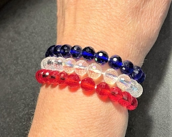 USA Patriotic Bracelet , Red, White and Blue Crystal Beaded Stretchy Bracelets , 4th of July, Memorial Day , Red White & Blue Bracelet