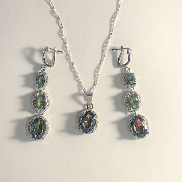 Mystic Rainbow Topaz Oval Pendant Necklace and Earrings Set , Mystic Rainbow Jewelry Set