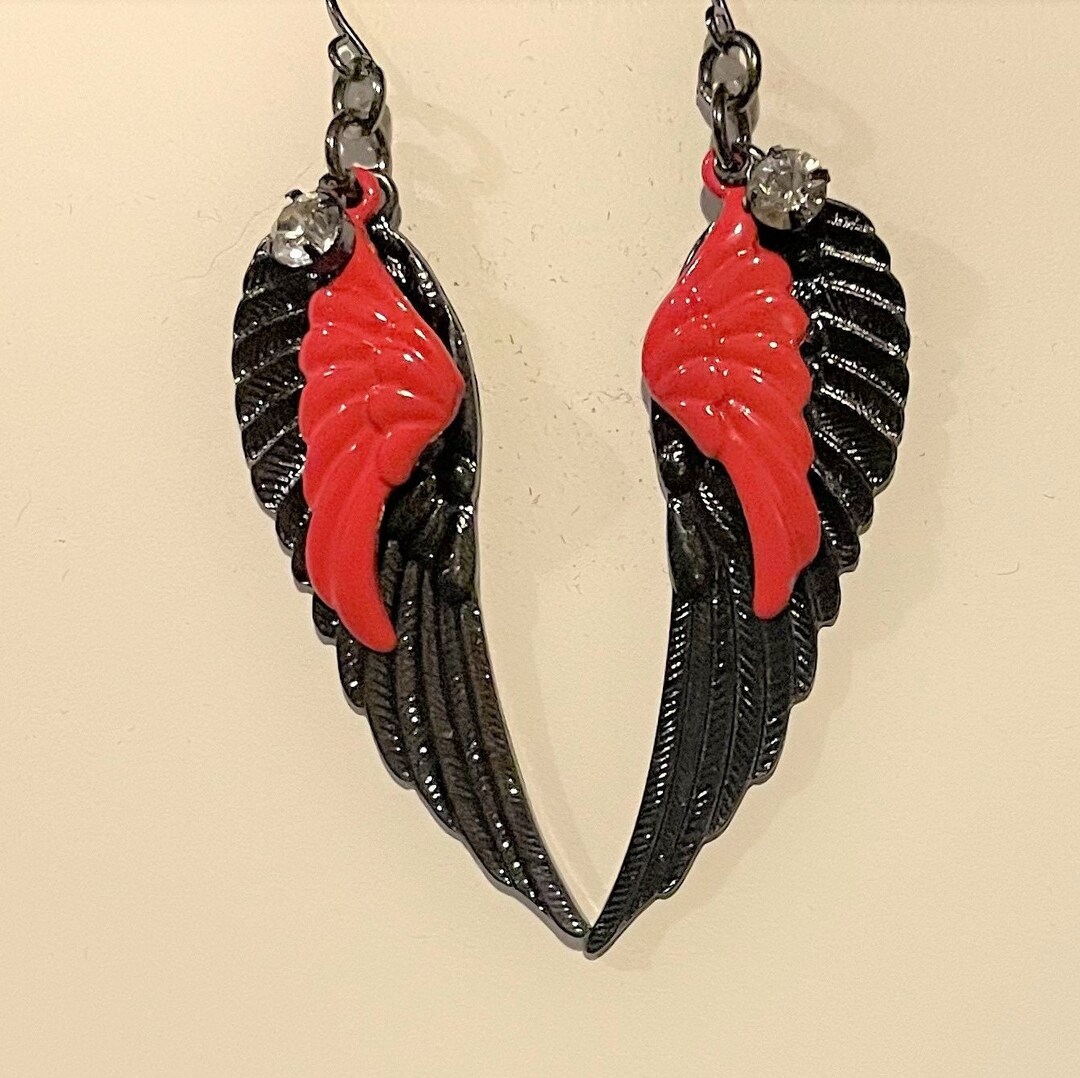 Angel Wings Drop Earrings , Black & Red CZ Angel Wings Dangle Earrings