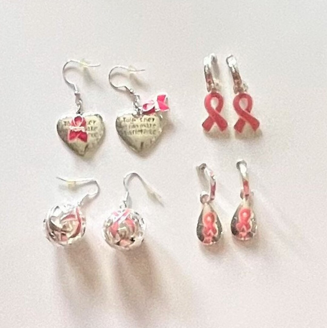 Pink Ribbon Drop Earrings , Pink Ribbon Cancer Awareness Earrings