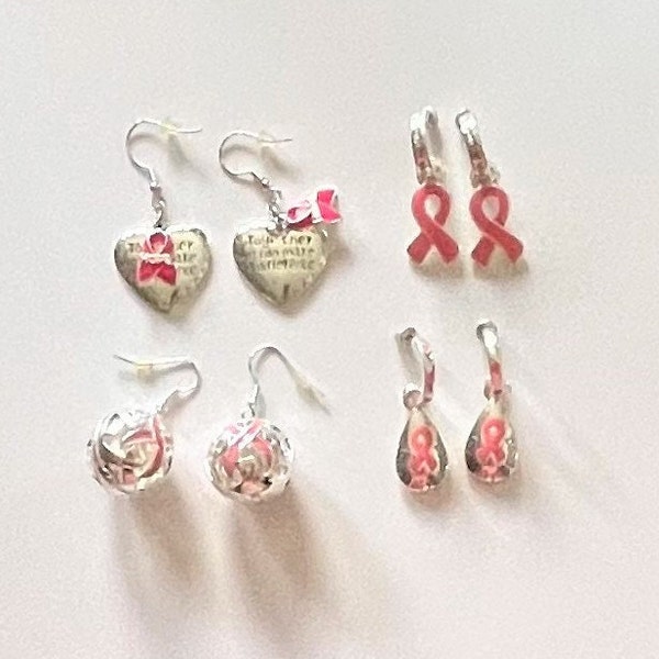 Pink Ribbon Drop Earrings , Pink Ribbon Cancer Awareness Earrings  , Silver , Hope For A Cure Earrings , Causes Jewelry , CHOOSE STYLE