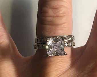 Princess Cut CZ Engagement Ring and Wedding Band Set   White Gold Layered   Size 8