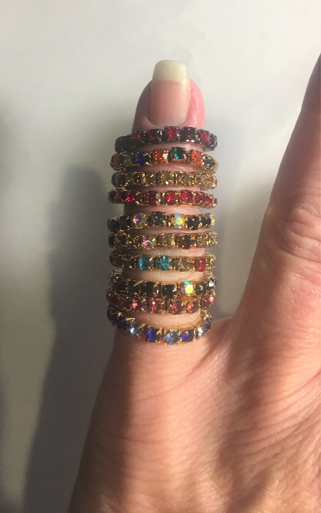 Crystal 1 Row Elastic Stretch Rings , Multi Color, Gold Tone Band or