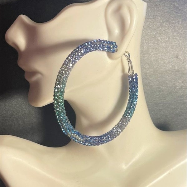 Large Multi Blue Green Clear Rhinestone Hoop Statement Earrings , Crystal Rhinestone Hoop Earrings , Bling Earrings , Statement Earrings