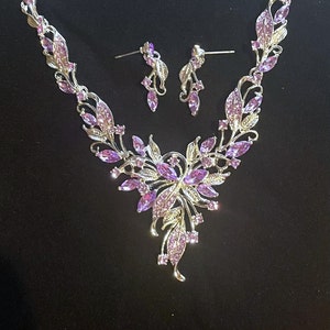 Purple Rhinestone Bib Drop Jewelry set , Purple Rhinestone Metal Necklace & Drop Earrings Set , Silver , Bridal jewelry set