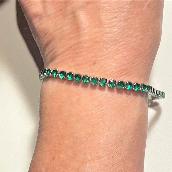 Emerald Green CZ Tennis Bracelet , Dainty Bracelet, Gemstone Bracelet , 7 " , Silver