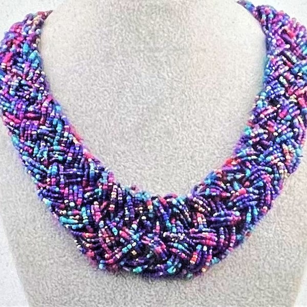 Wide Seed Bead Multi Color Woven Statement Necklace bib Collar Necklace , Braided Woven Beaded Necklace ,Bohemian Necklace , Ethnic Necklace