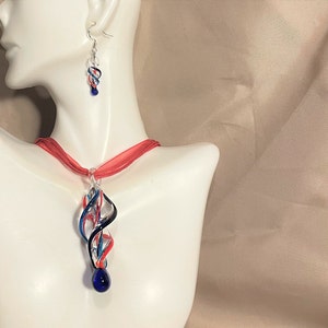 Murano Glass Red & Blue Glass Swirl Pendant Necklace and Earrings Set , Patriotic Swirl Twist Pendant Necklace and Earrings set