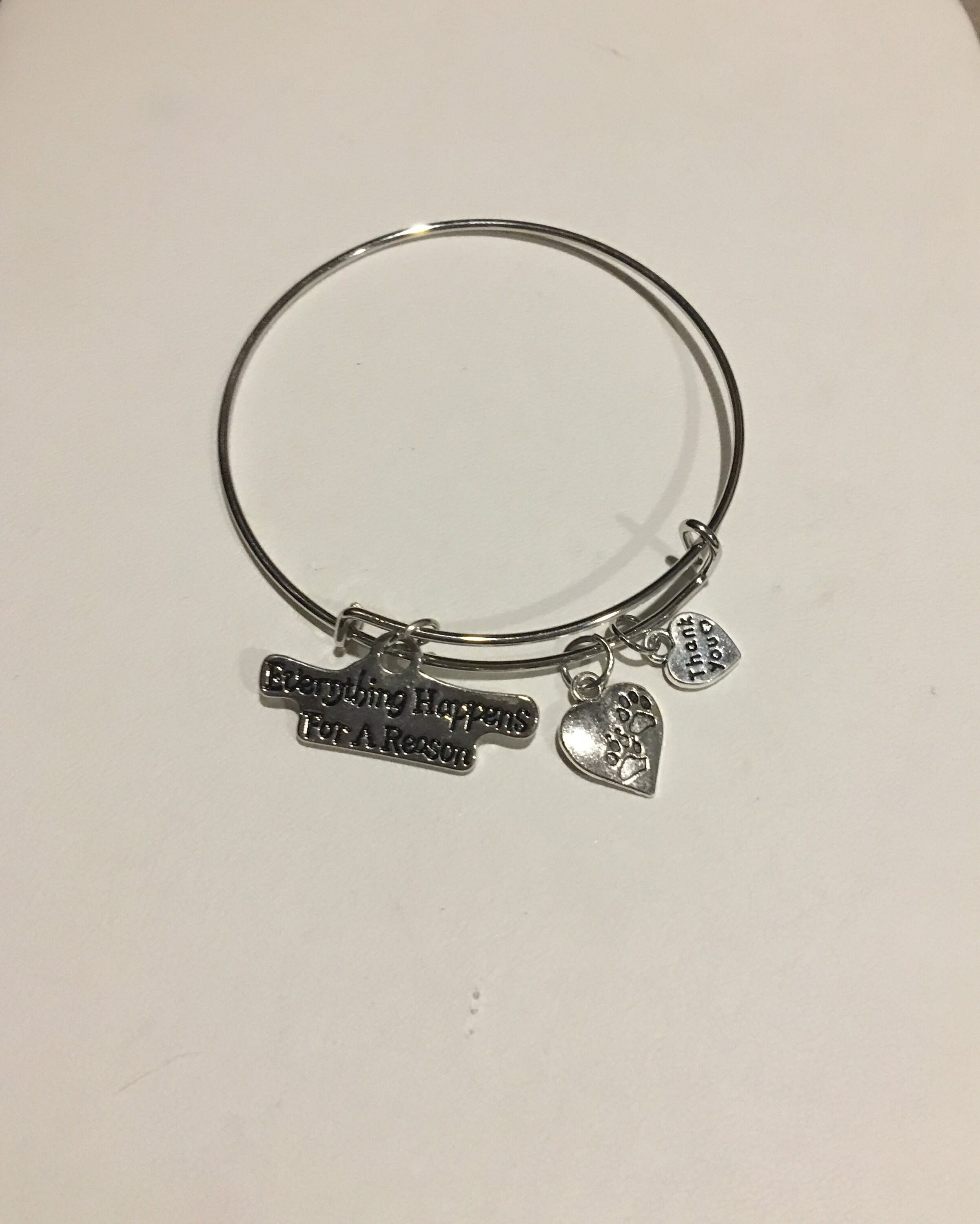 Everything Happens for a Reason Bangle Bracelet Paw Print Heart Charm Silver Bangle Charm Bracelet Etsy