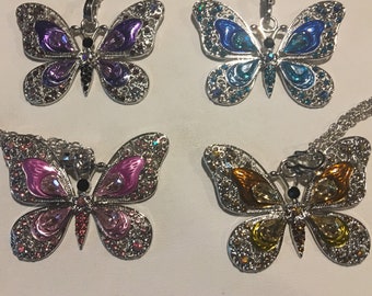 Enamel Butterfly and Crystal Pendant Necklace, Butterfly Pendant Necklace  ( Your Choice )