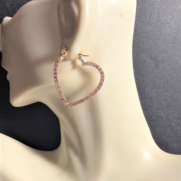 Pink Rhinestone Heart Hoop Earrings , Rhinestone Hoops , Lightweight Errings ,1 " diameter