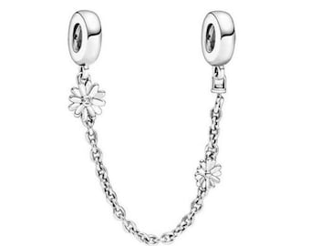 Daisy Flower Safety Chain Charm fits Pandora Bracelets , Silver