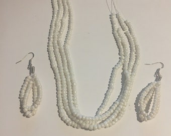 White Seed Bead Multi Strand adjustable Nylon Cord Necklace and earrings Set ,  Boho Jewelry Set