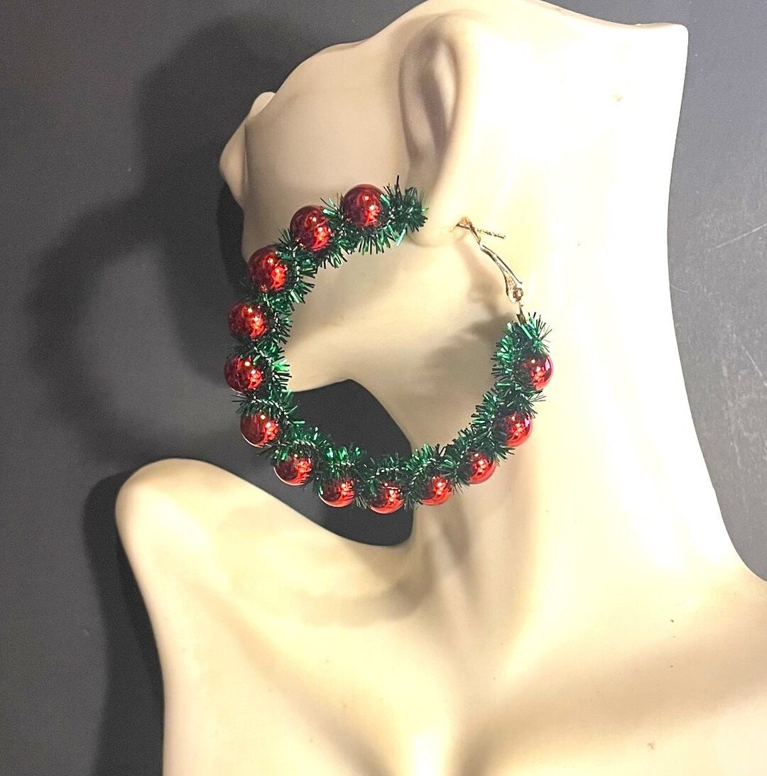 Christmas Earrings , Christmas Tinsel Ornament Hoop Earrings