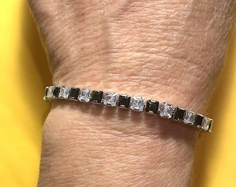 Black and Clear CZ Tennis Bracelet , Gemstone Bracelet , 7 "  , Silver