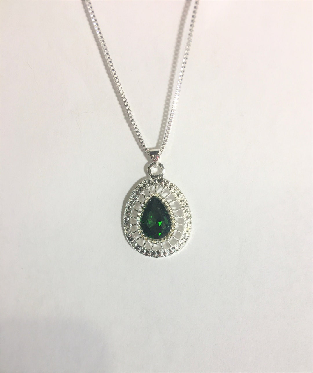 Large Emerald Teardrop Pendant Necklace, Emerald Green Pendant Necklace